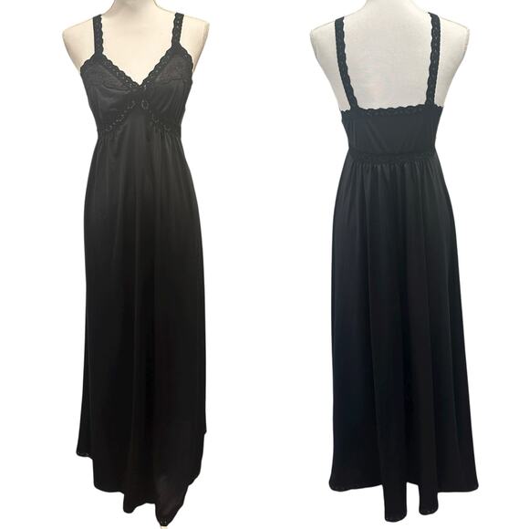 Shadowline Vintage 1980s Black Lace Trim Maxi Slip Dress Coquette Gothic Witchy - Picture 1 of 11